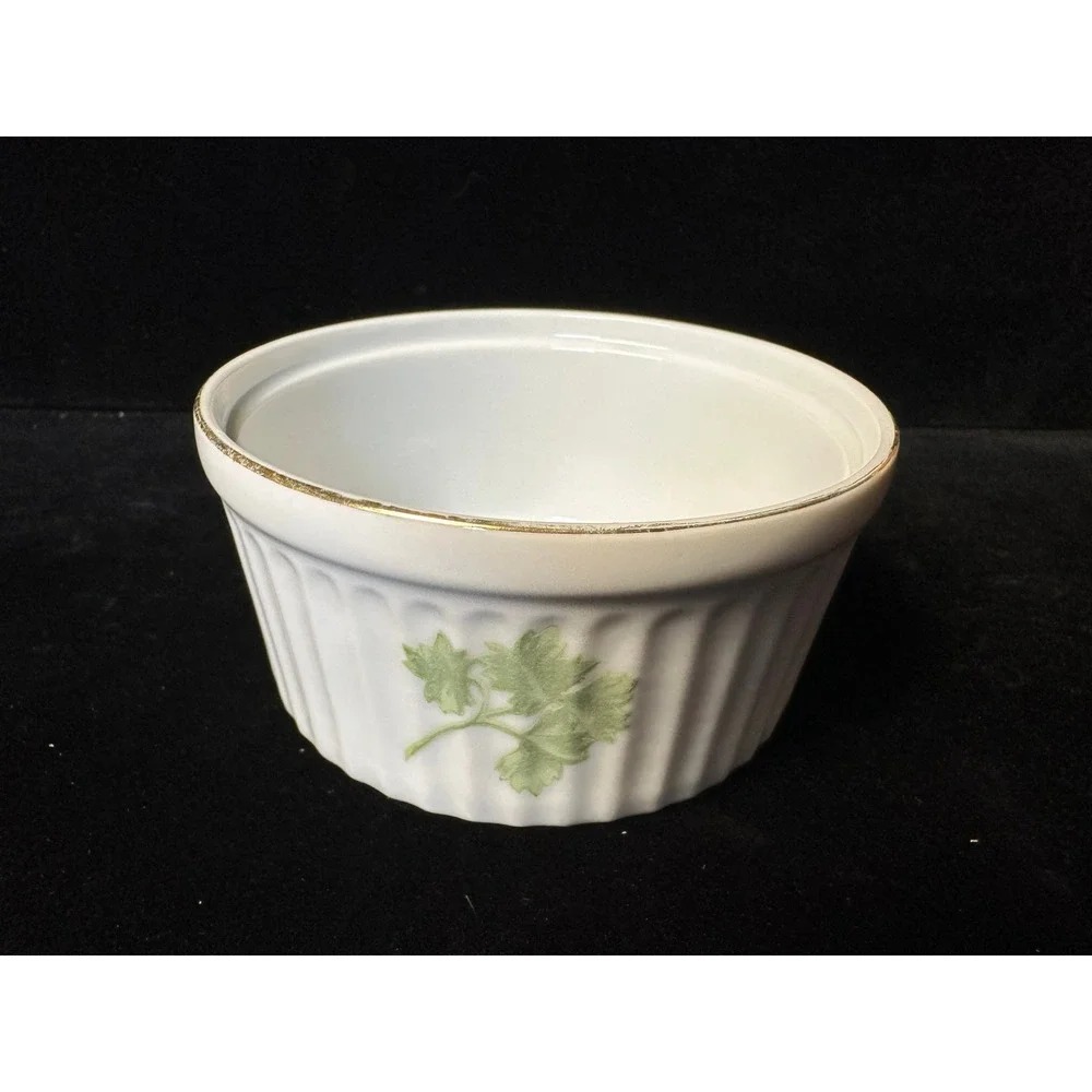 Parsley Oven to Table Cookware White Ceramic Ramekin Souffle Dish Gold Rim Green